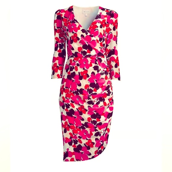 MILLY Eleanora Floral Printed Wrap Silk Midi Dress Size 2 - Picture 1 of 13